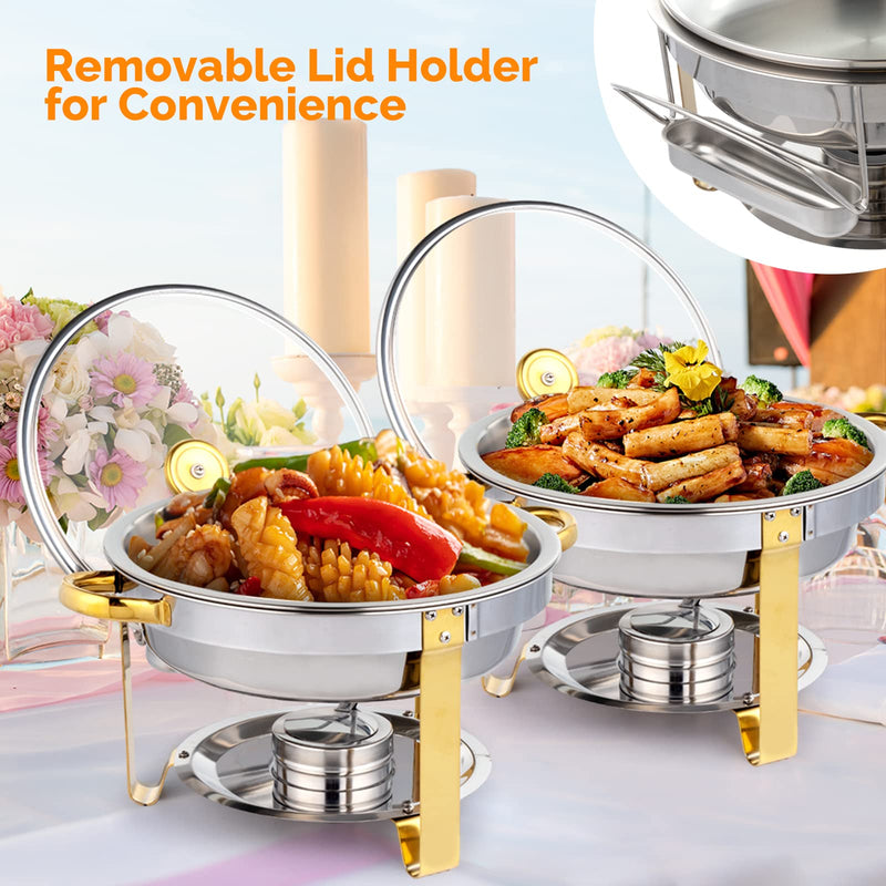 ROVSUN 5 Qt Round Chafing Dish Buffet Set Gold Accent with Glass Lid & Lid Holder