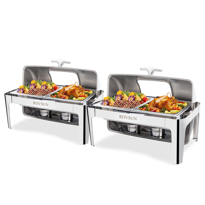 ROVSUN 9 Qt Roll Top Chafing Dish Buffet Set with 2 Half Size Pan & Glass Window