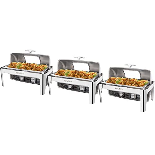 ROVSUN 9 Qt Roll Top Chafing Dish Buffet Set with Full Size Pan & Glass Window